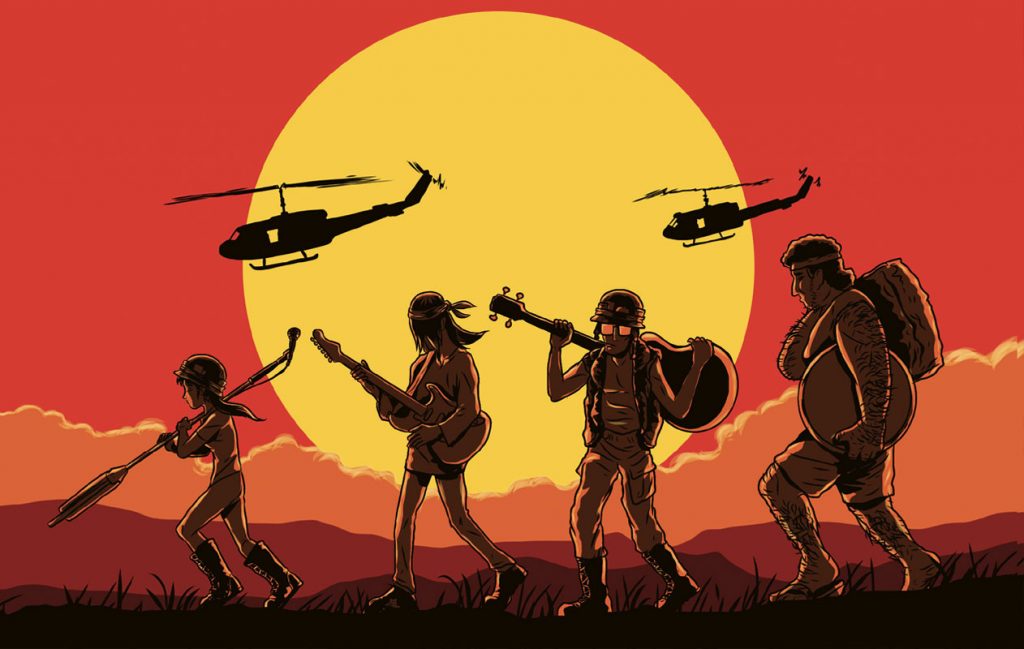 DKD band in silhouette walking across a sunset landscape with Huey helicopters flying overhead